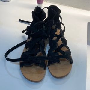 Black lace up suede sandals by Mercer edit